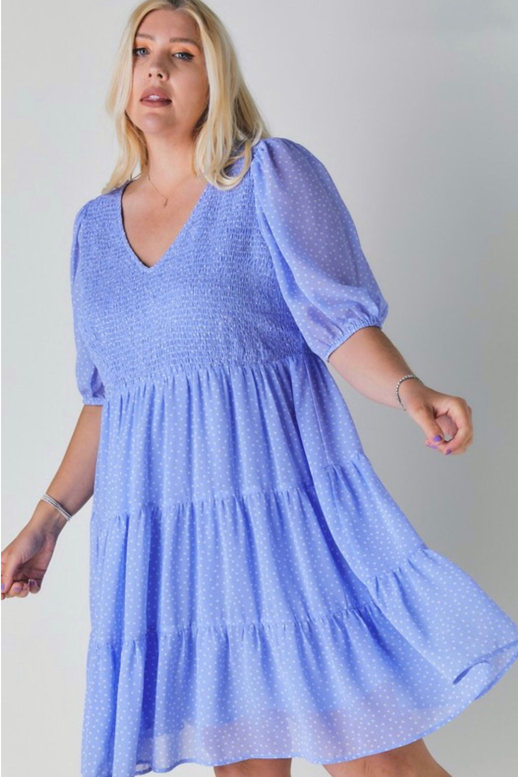 Parisian Polka Dot V Neck Half Sleeve Ruffled Tiered Midi Dress