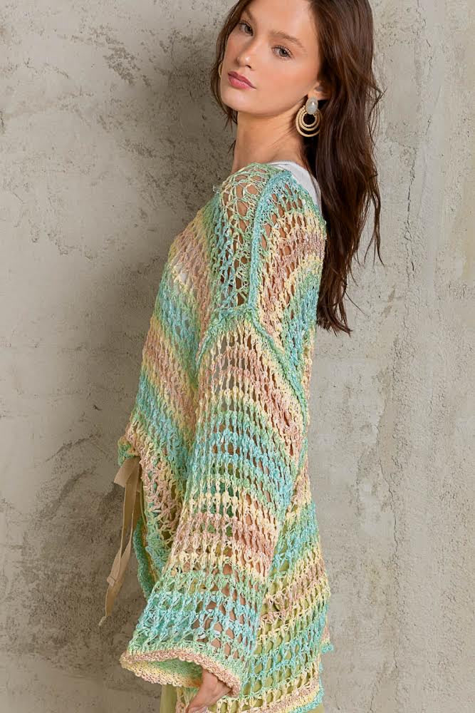 Tropical Twist Stripped Open Knit Slouchy Fishermans Sweater