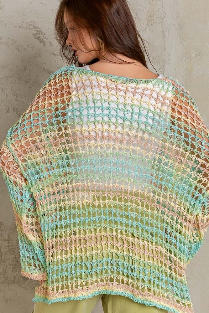 Tropical Twist Stripped Open Knit Slouchy Fishermans Sweater