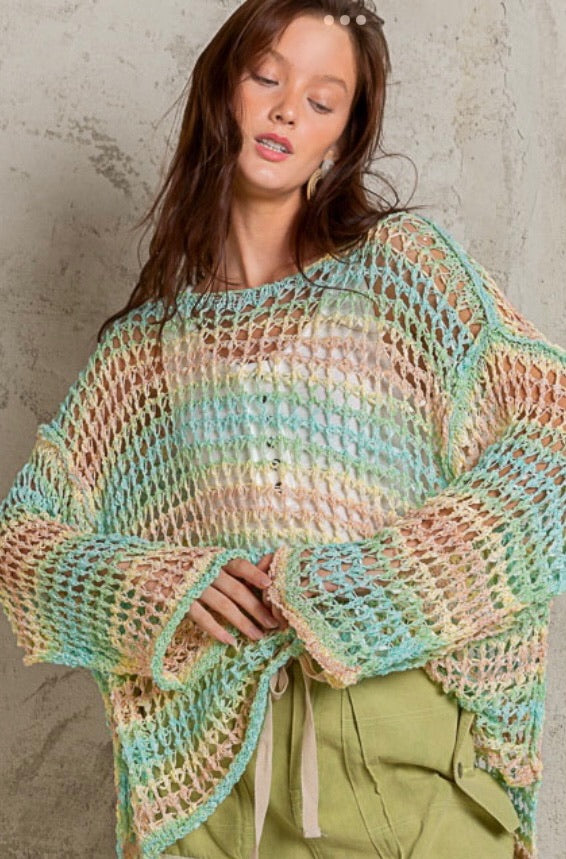 Tropical Twist Stripped Open Knit Slouchy Fishermans Sweater