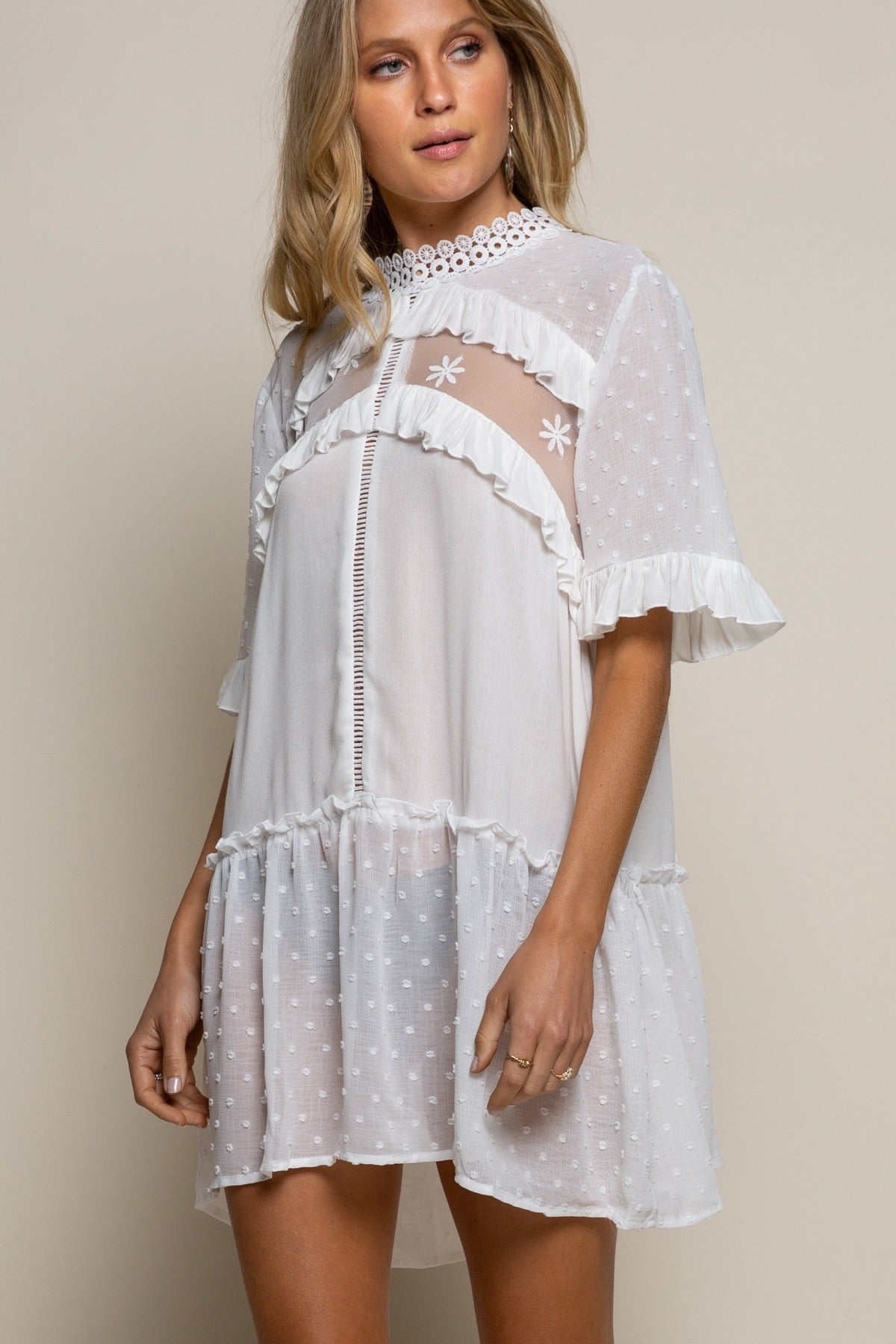 Gossamer Fairy Swiss Dot Mock Neck Lace Inset Mini Dress