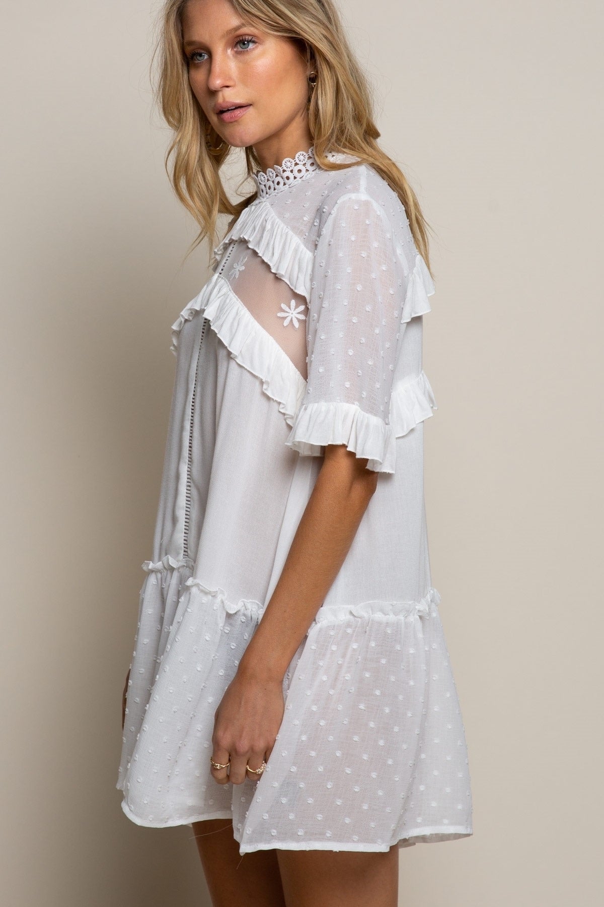 Gossamer Fairy Swiss Dot Mock Neck Lace Inset Mini Dress