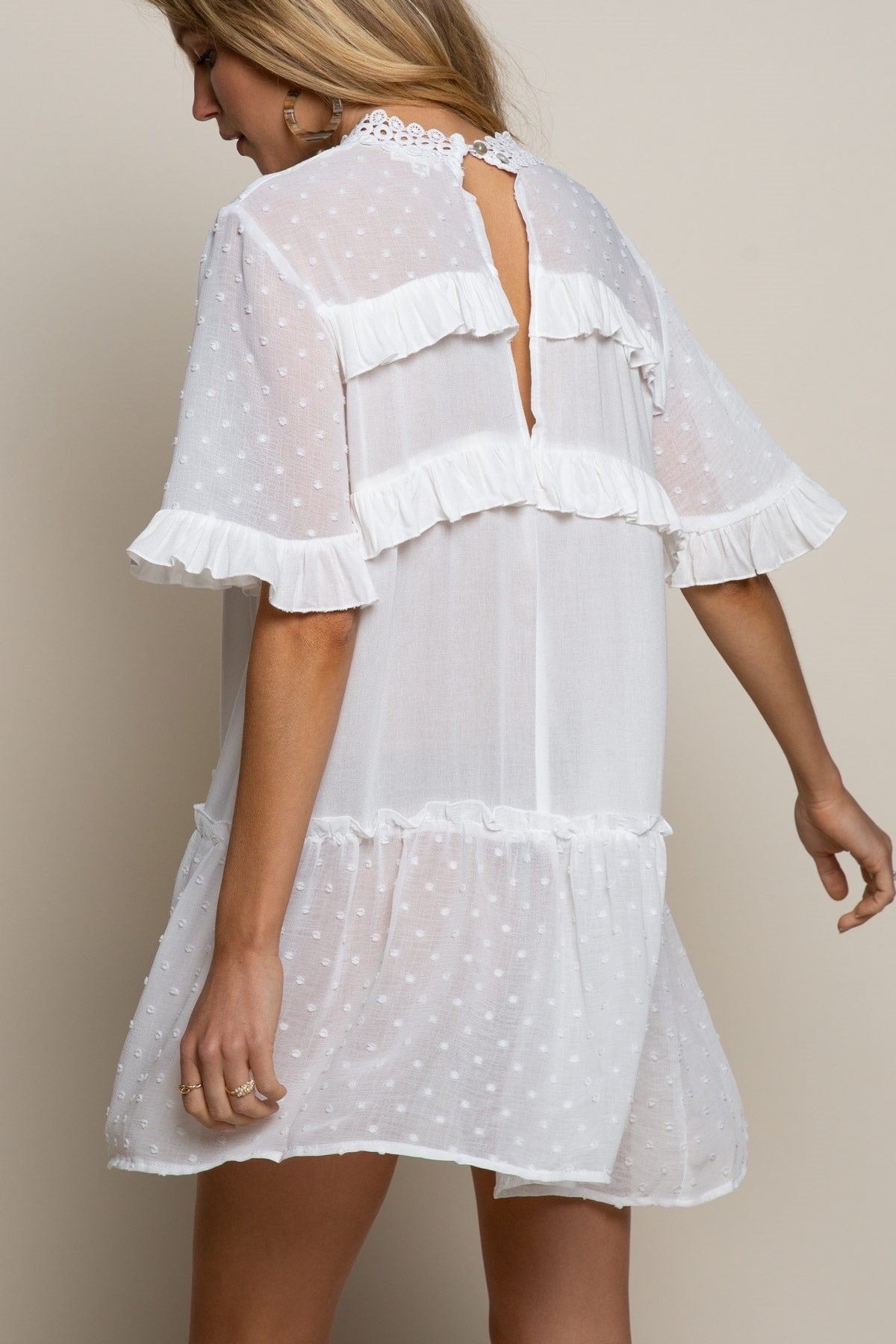Gossamer Fairy Swiss Dot Mock Neck Lace Inset Mini Dress