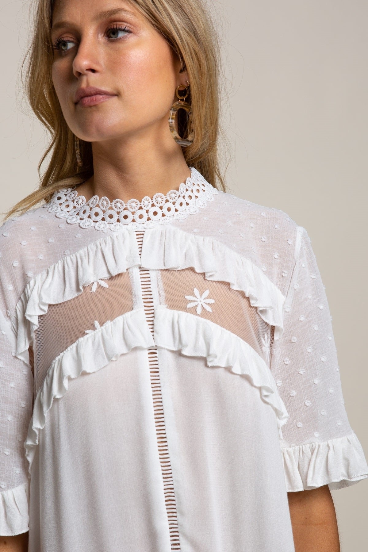 Gossamer Fairy Swiss Dot Mock Neck Lace Inset Mini Dress