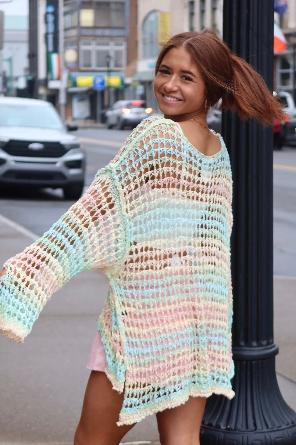 Tropical Twist Stripped Open Knit Slouchy Fishermans Sweater