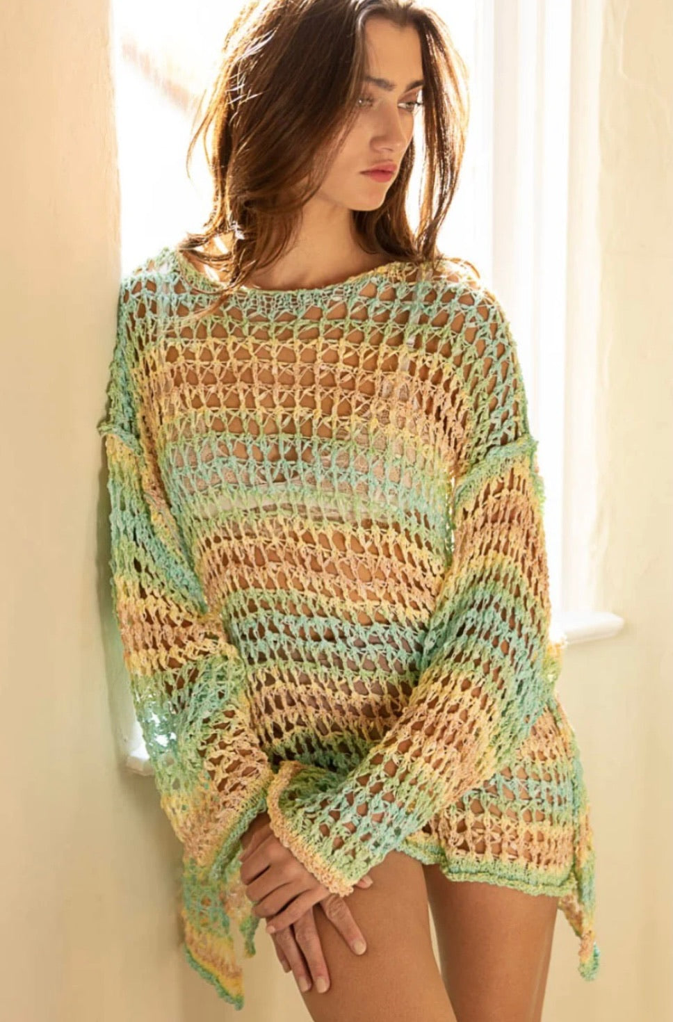 Tropical Twist Stripped Open Knit Slouchy Fishermans Sweater