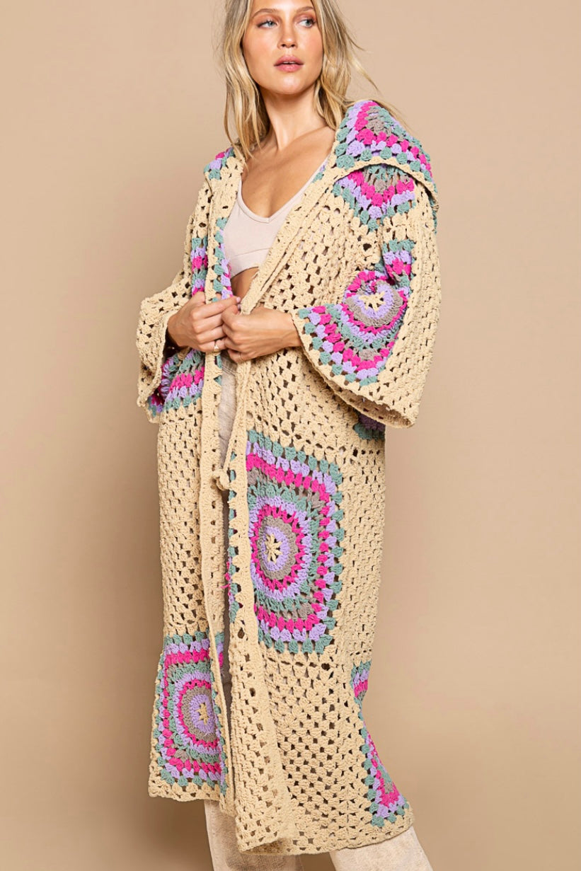 Boho Dreams Crochet Afgan Chenille Midi Cardigan
