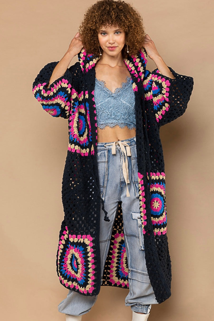 Boho Dreams Crochet Afgan Chenille Midi Cardigan