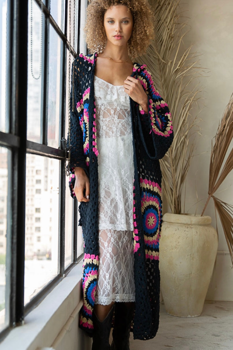 Boho Dreams Crochet Afgan Chenille Midi Cardigan