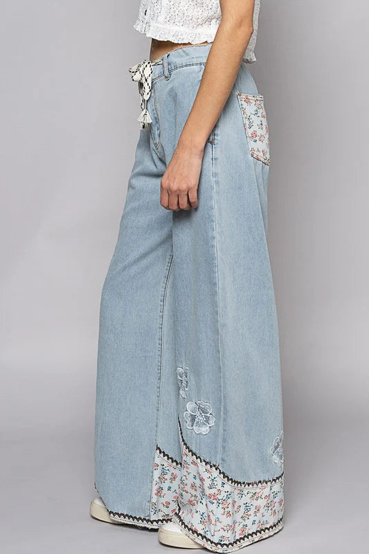 Dancin’ To My Own Beat Floral Patched + Embroidered Drawstring Jeans