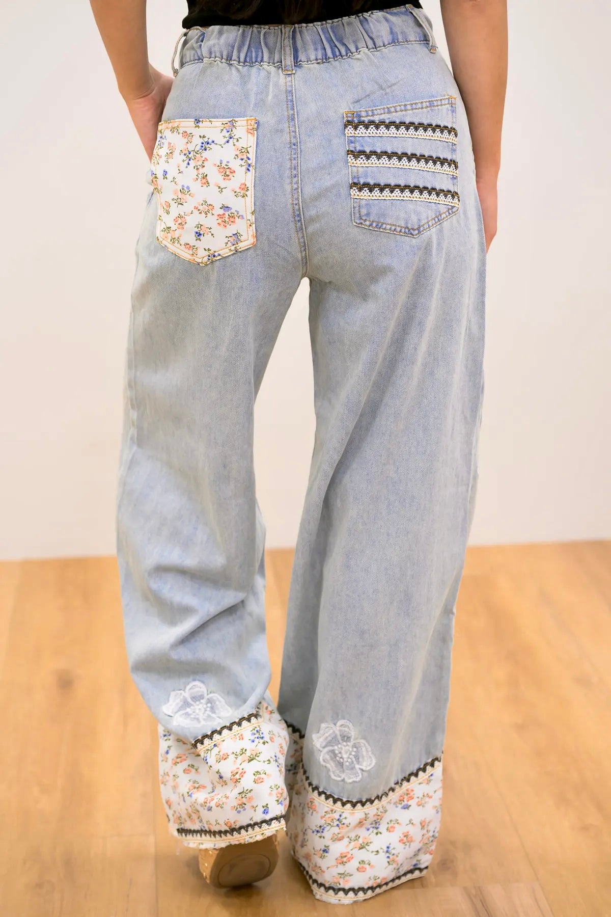 Dancin’ To My Own Beat Floral Patched + Embroidered Drawstring Jeans