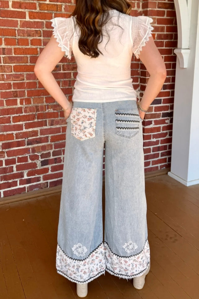 Dancin’ To My Own Beat Floral Patched + Embroidered Drawstring Jeans