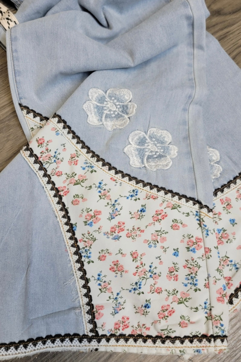 Dancin’ To My Own Beat Floral Patched + Embroidered Drawstring Jeans
