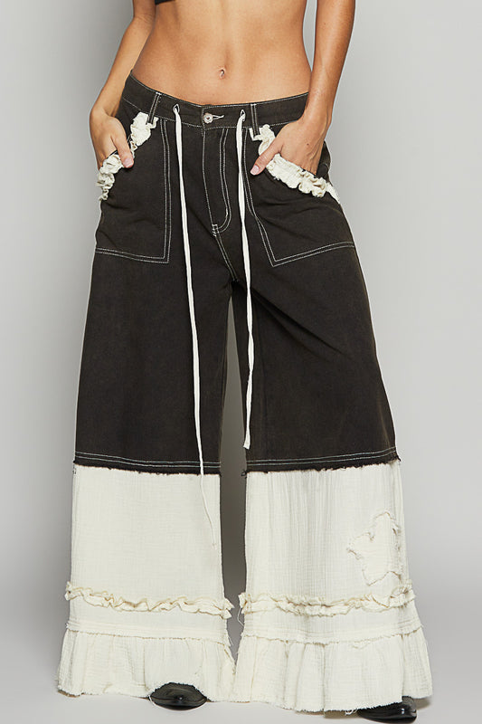 All The Frills Twill + Double Gauze Wide Leg Patch Pants