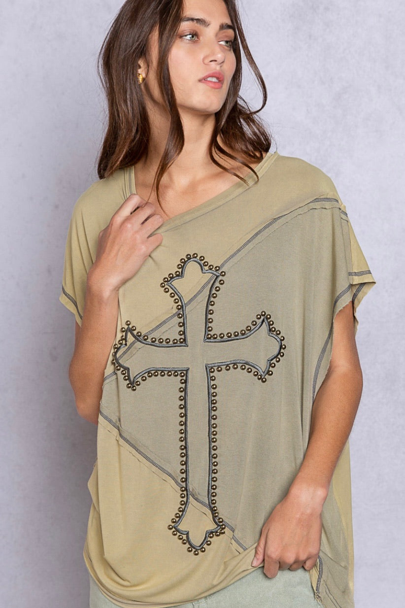 Embellished Faith Embroidered and Studded Two Tone Short Sleeve Top