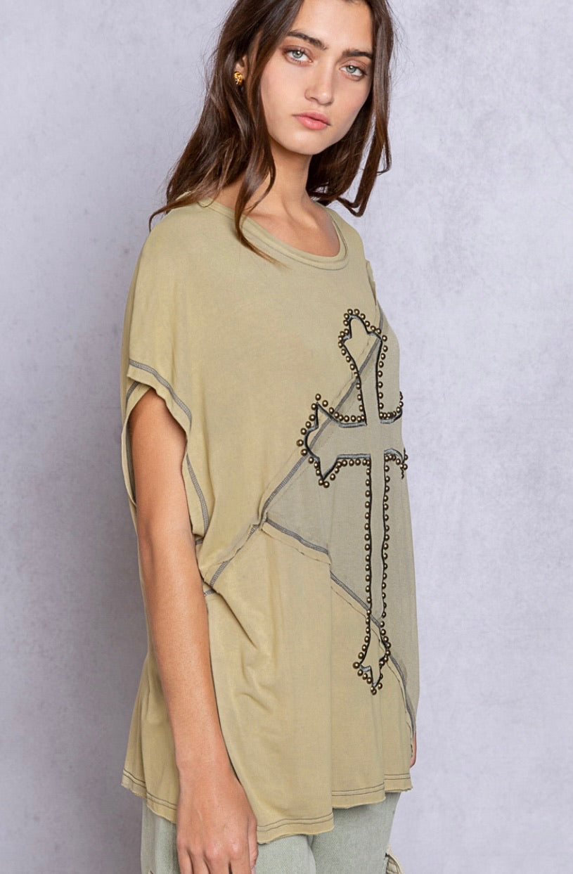 Embellished Faith Embroidered and Studded Two Tone Short Sleeve Top