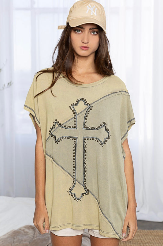 Oversized Fit Round Neckline Two Tone Color Block Embroidered + Studded Cross Contrast Overlock Stitching Outseam Detail Finished with Clean Hems Complete The Look: Pair with our The Met Tulle Skirt or our Sweet Nothings Lace Dress