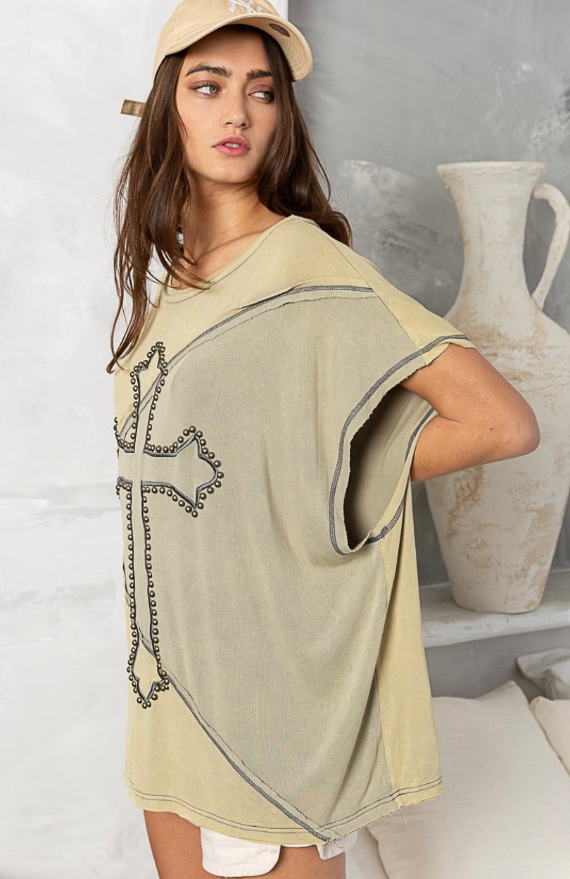 Embellished Faith Embroidered and Studded Two Tone Short Sleeve Top