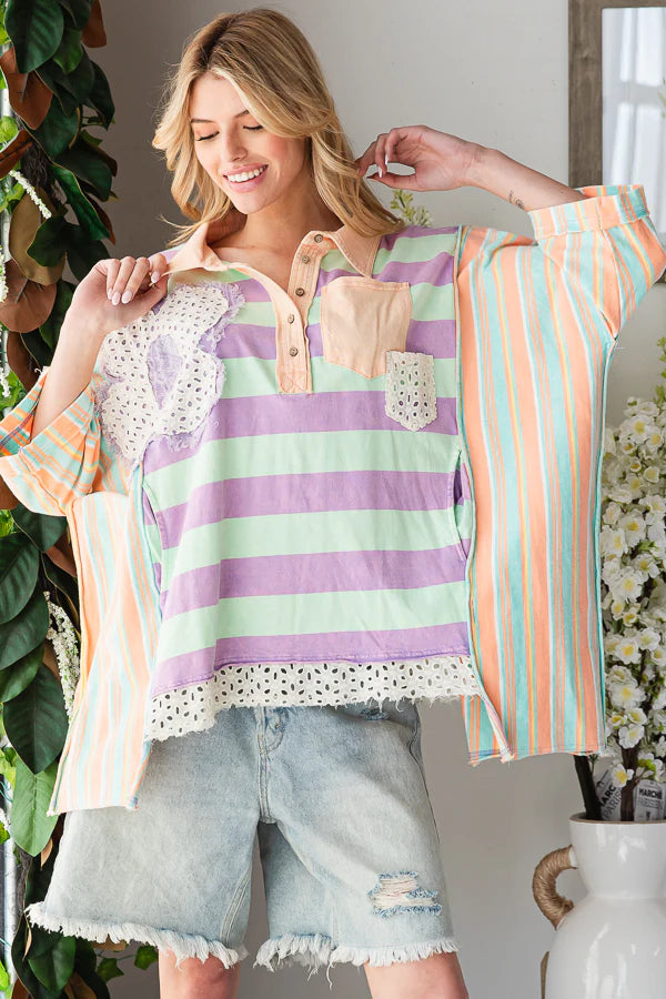 Spring Forward Colorful Striped Oversized Polo with Pockets