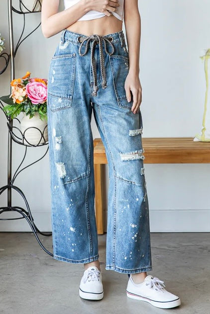 First Place Washed Distressed Rope Tie Barrel Jeans