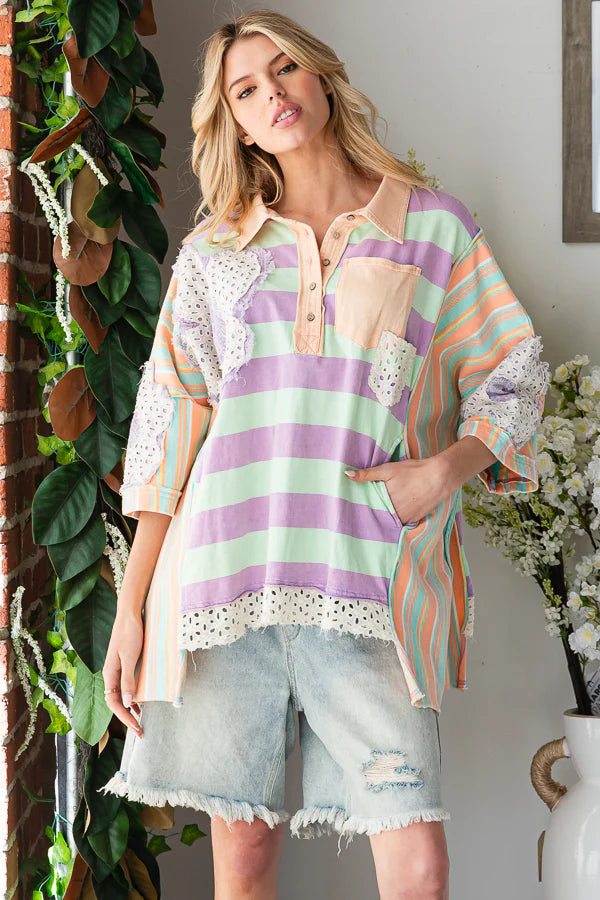 Spring Forward Colorful Striped Oversized Polo with Pockets