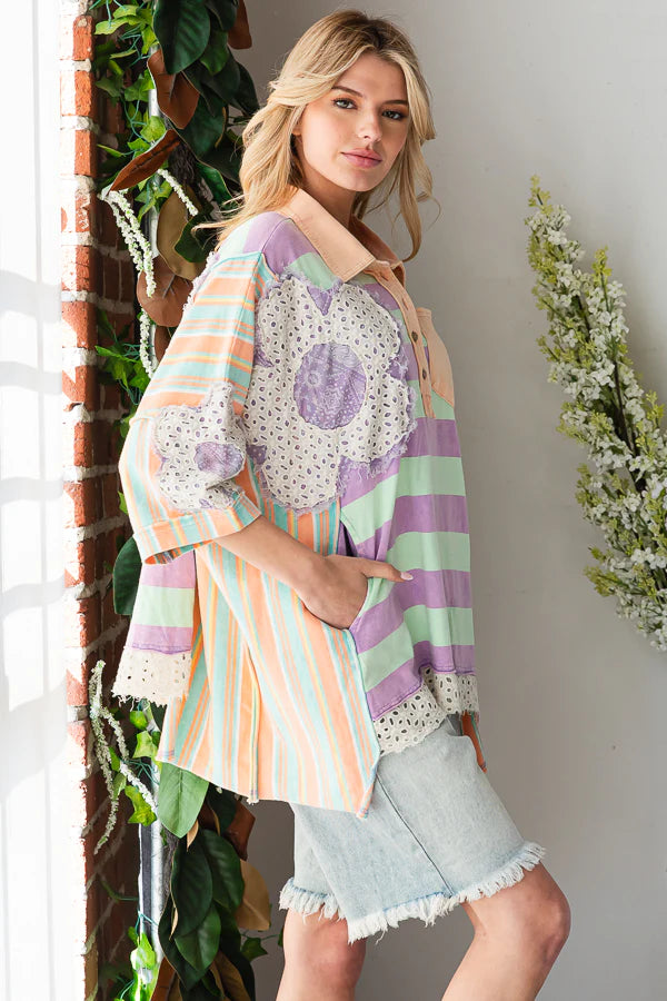 Spring Forward Colorful Striped Oversized Polo with Pockets