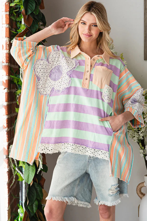 Spring Forward Colorful Striped Oversized Polo with Pockets