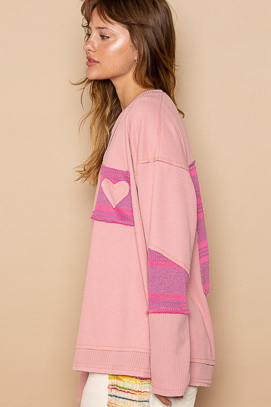 This Love Heart Patch Slouchy Thermal Knit Top