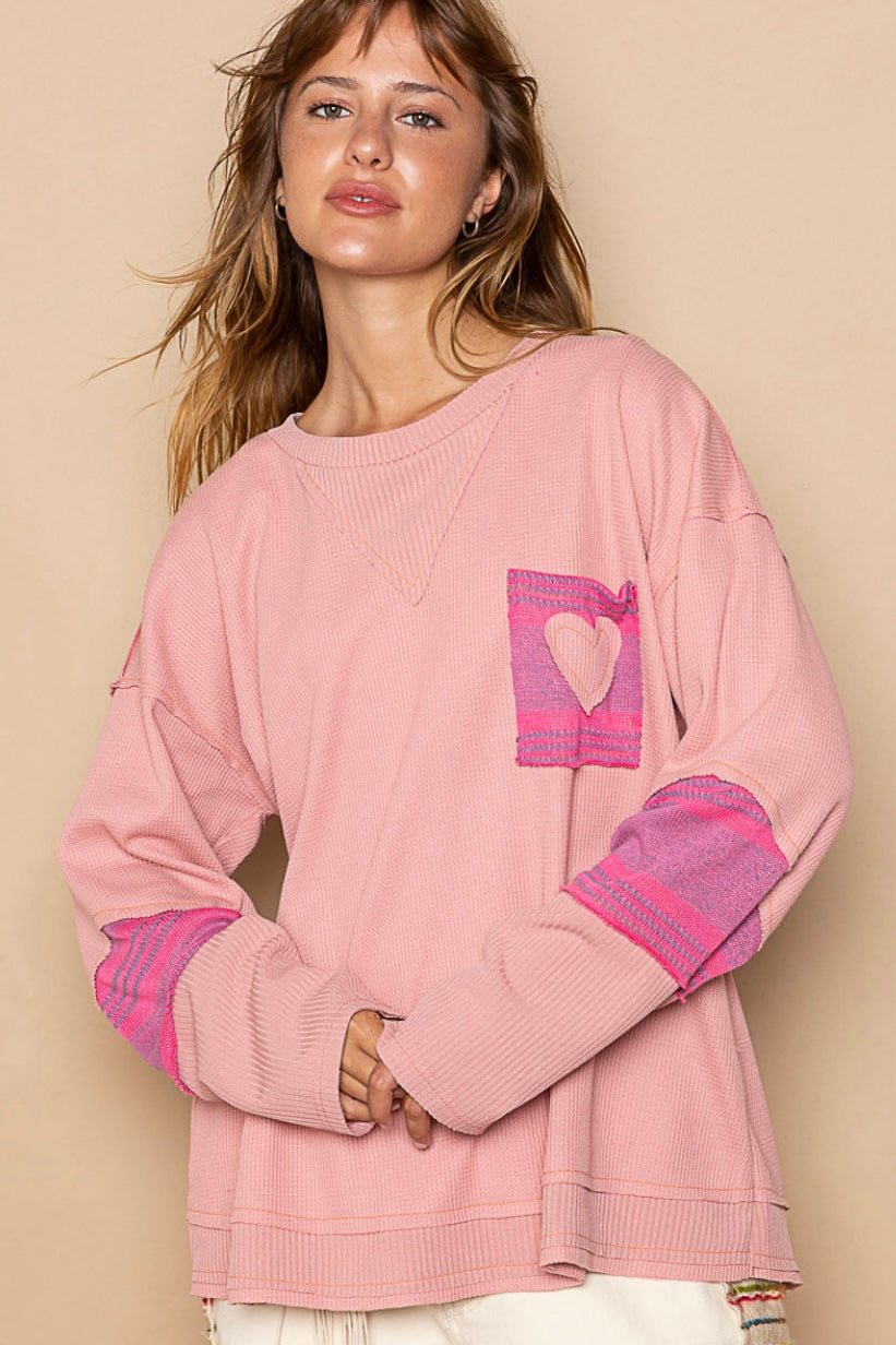 This Love Heart Patch Slouchy Thermal Knit Top