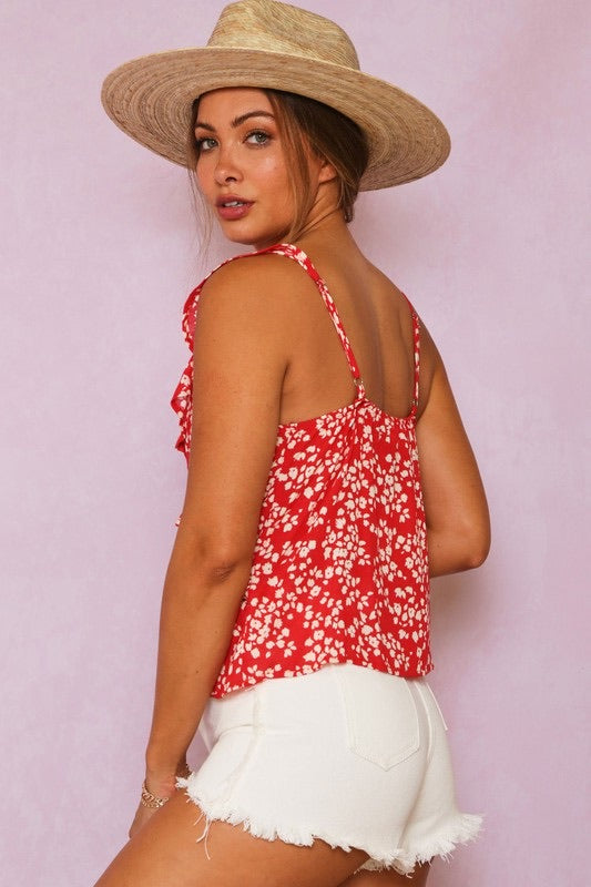 Late July Ditzy Floral Ruffle V Neck Sleeveless Camisole Top