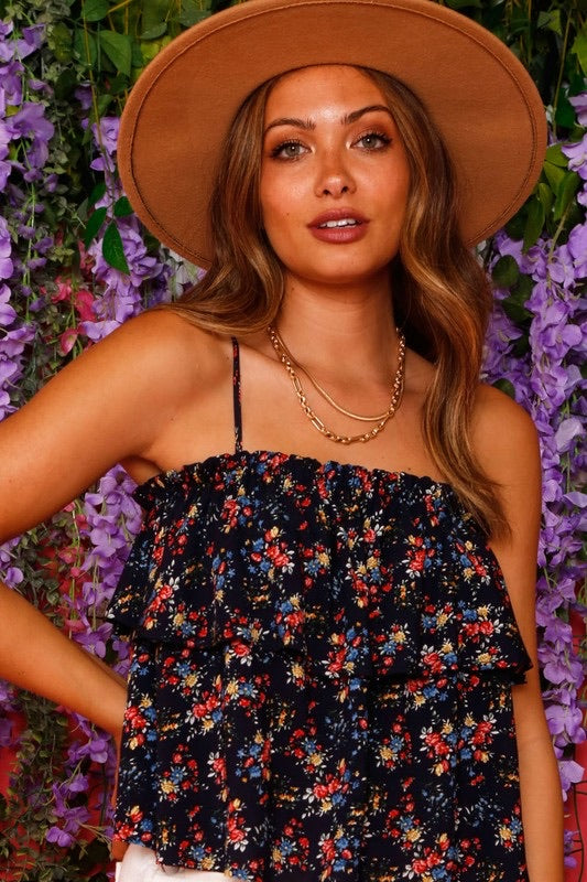 Lilydale Navy Floral Print 2 Tier Sleeveless Cami Top