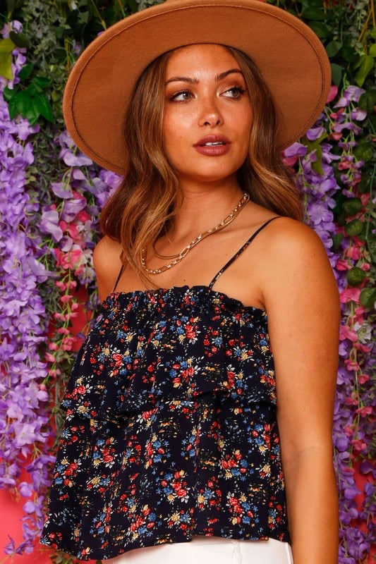 Lilydale Navy Floral Print 2 Tier Sleeveless Cami Top