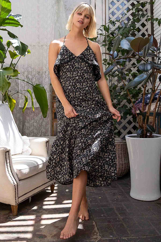Althea Small Floral Print V Neck Sleeveless Ruffle Midi Dress (2 Colors)