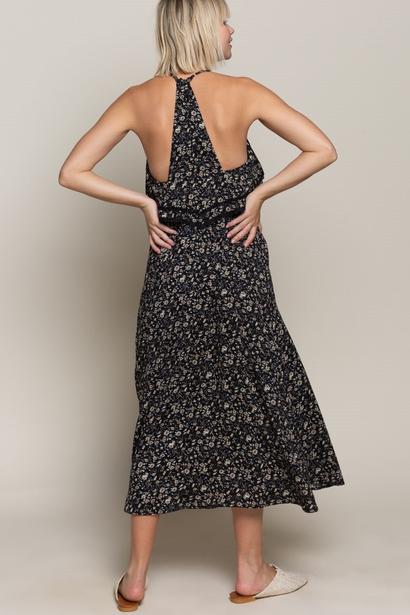 Althea Small Floral Print V Neck Sleeveless Ruffle Midi Dress (2 Colors)