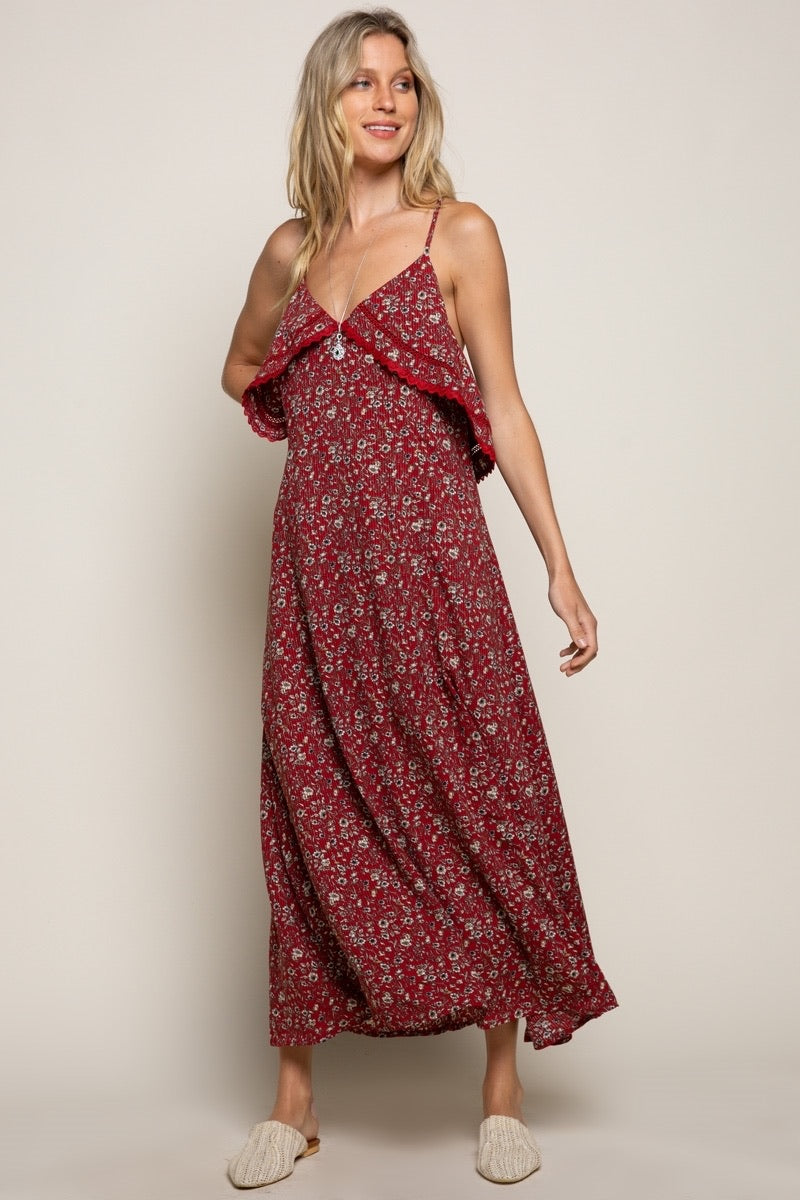 Althea Small Floral Print V Neck Sleeveless Ruffle Midi Dress (2 Colors)
