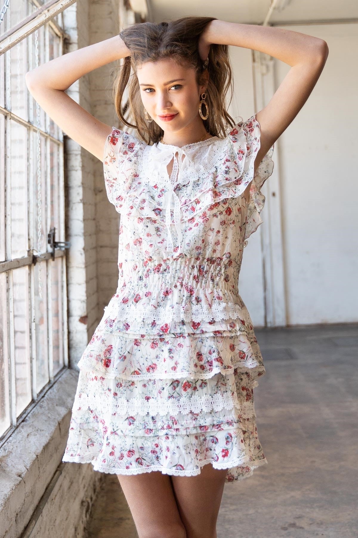 Coquette Jardin Dainty Floral Short Sleeve Ruffle Tiered Mini Dress