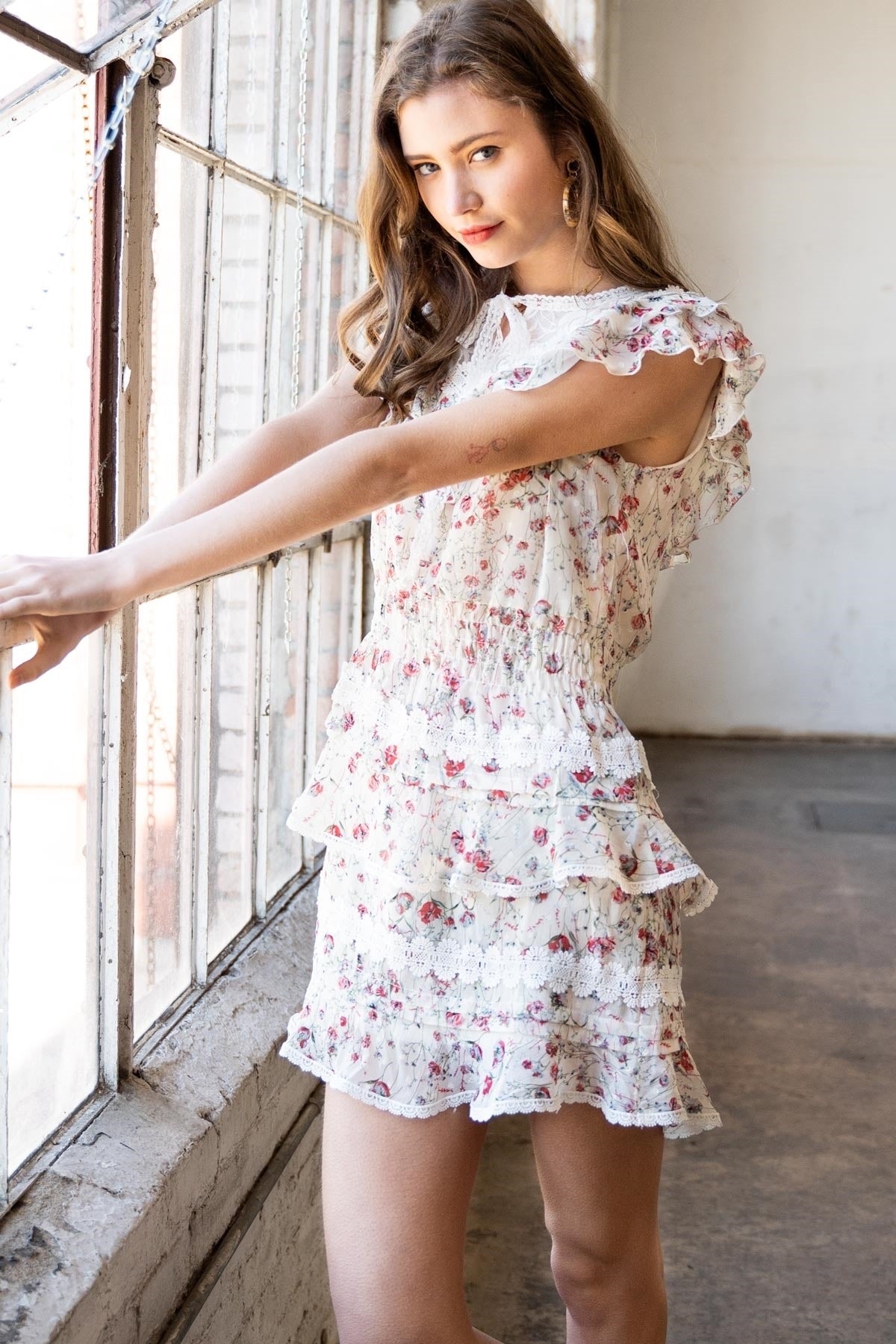 Coquette Jardin Dainty Floral Short Sleeve Ruffle Tiered Mini Dress