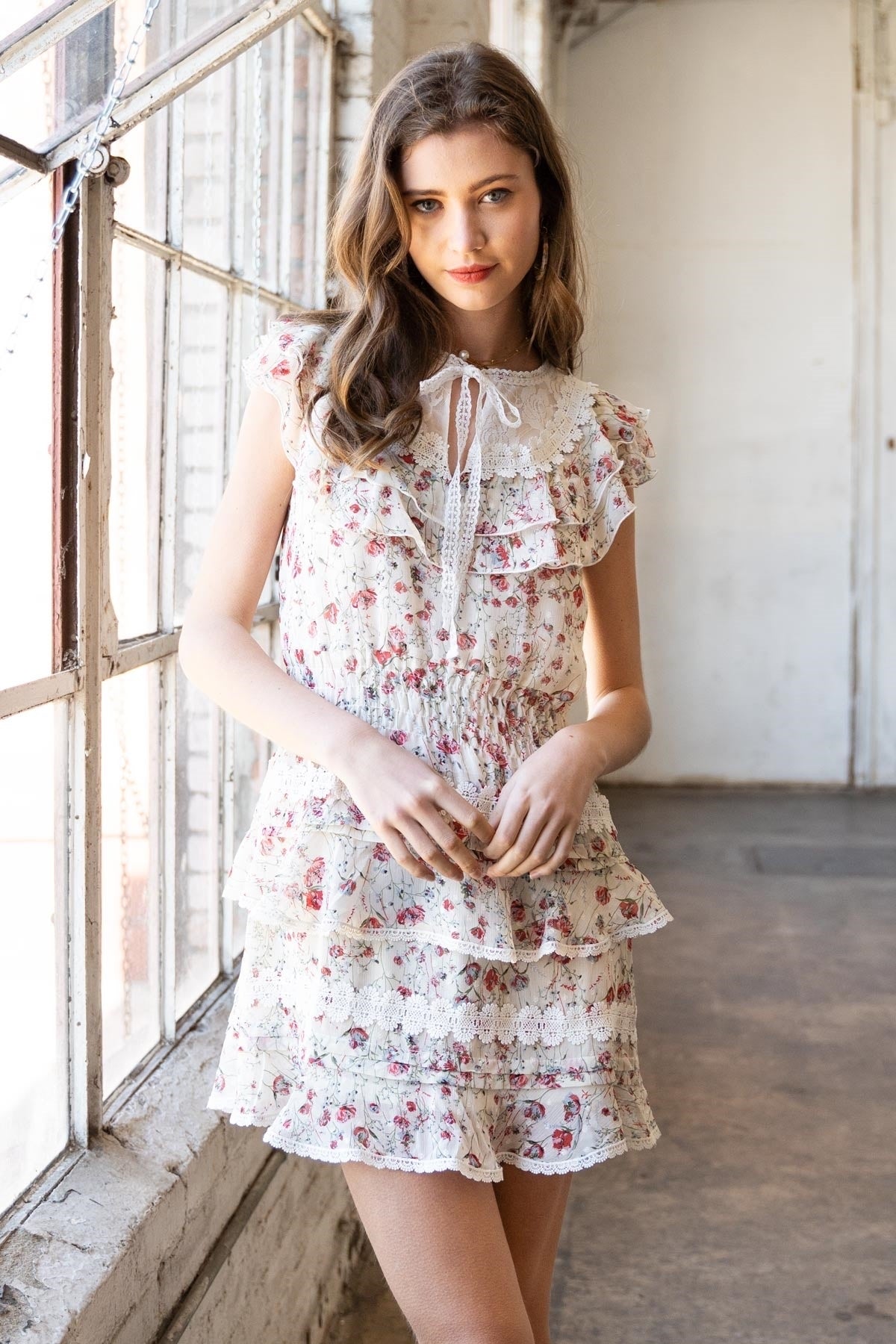 Coquette Jardin Dainty Floral Short Sleeve Ruffle Tiered Mini Dress
