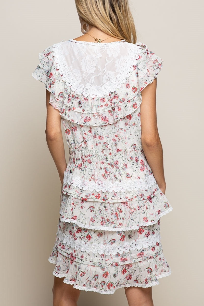 Coquette Jardin Dainty Floral Short Sleeve Ruffle Tiered Mini Dress