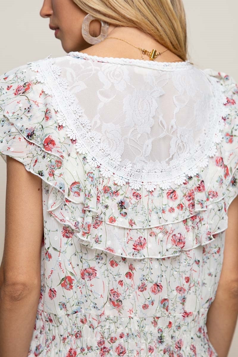 Coquette Jardin Dainty Floral Short Sleeve Ruffle Tiered Mini Dress
