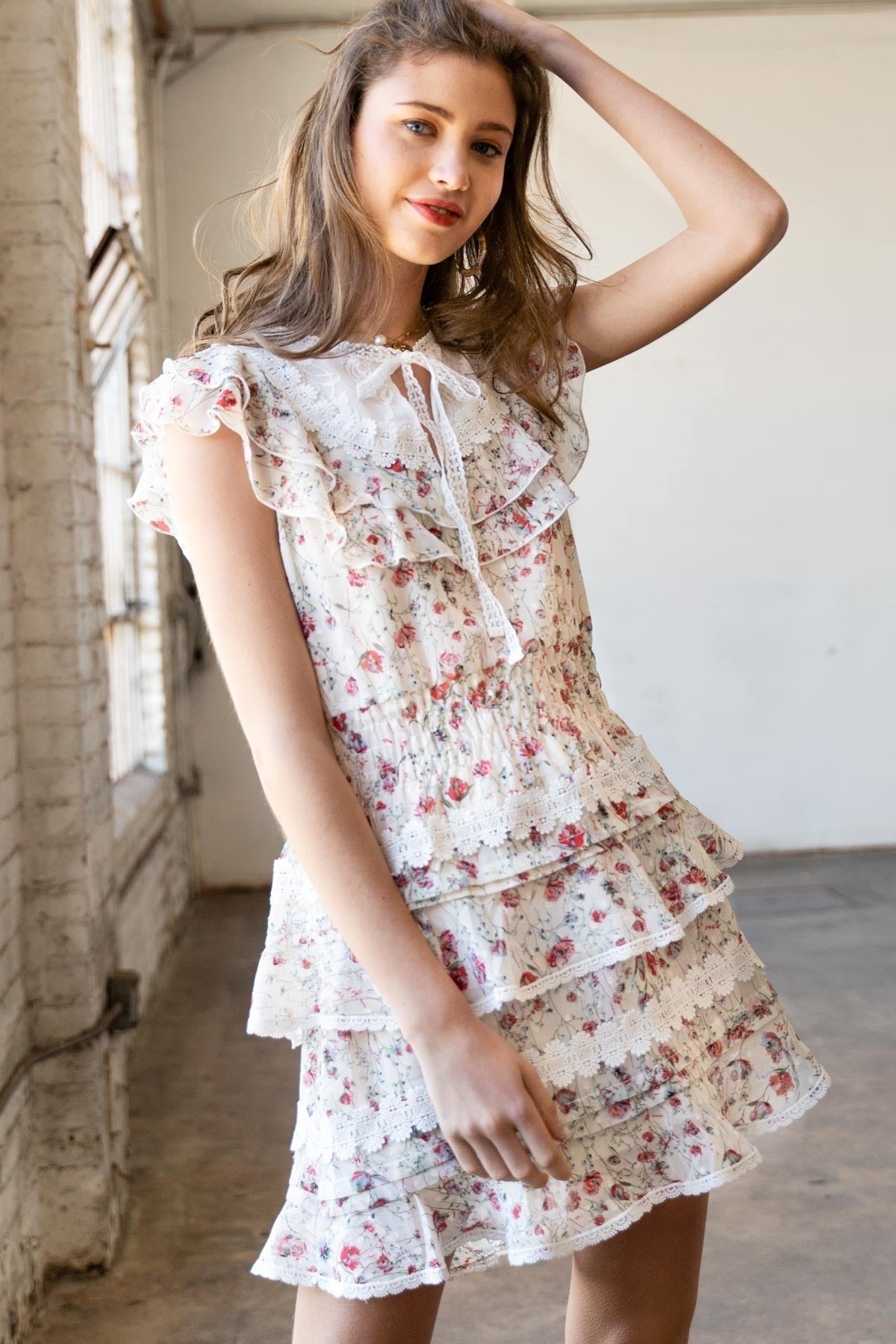 Coquette Jardin Dainty Floral Short Sleeve Ruffle Tiered Mini Dress