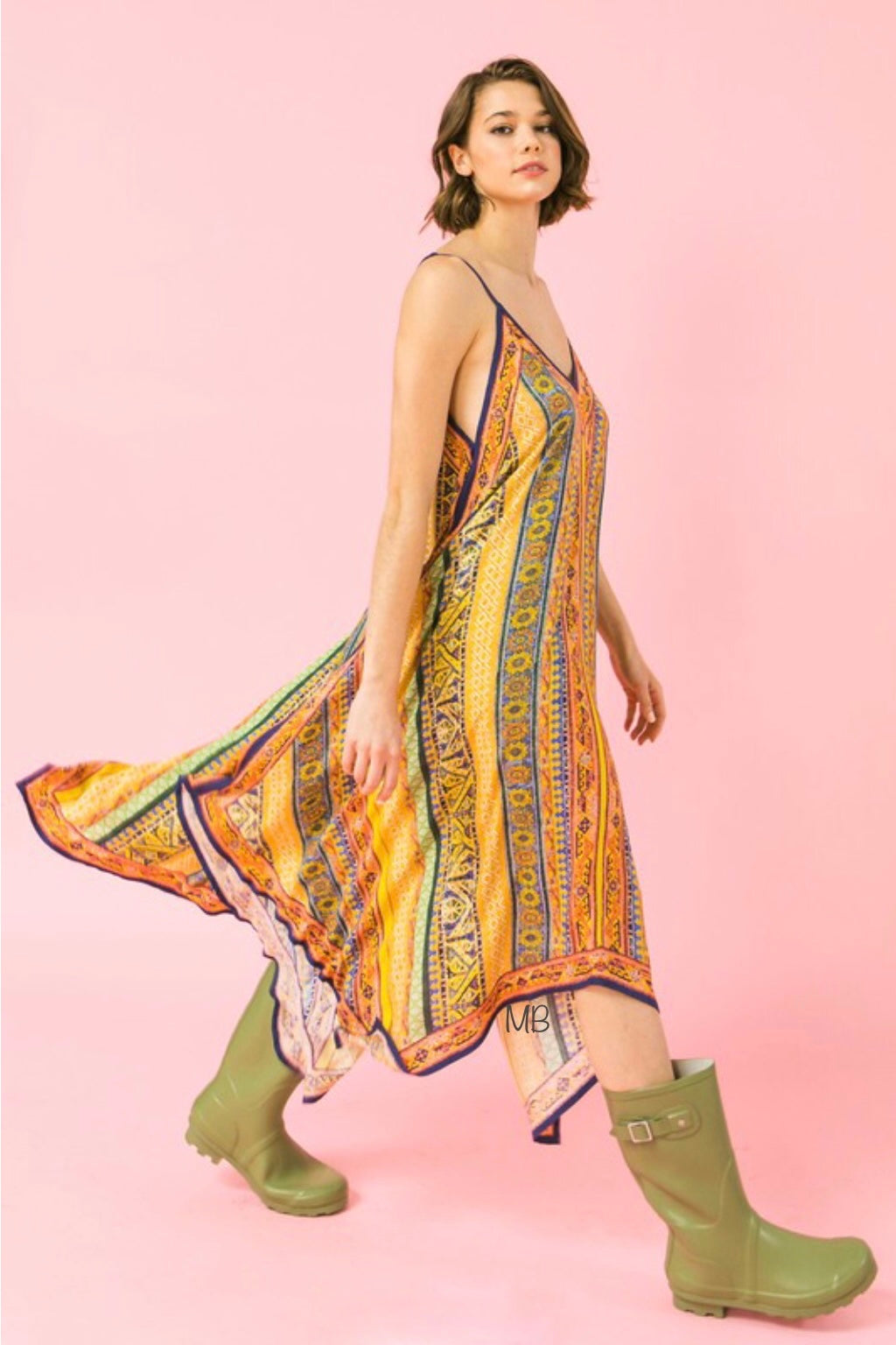 Boardwalk Mixed Print Colorful Hanky Hem Midi