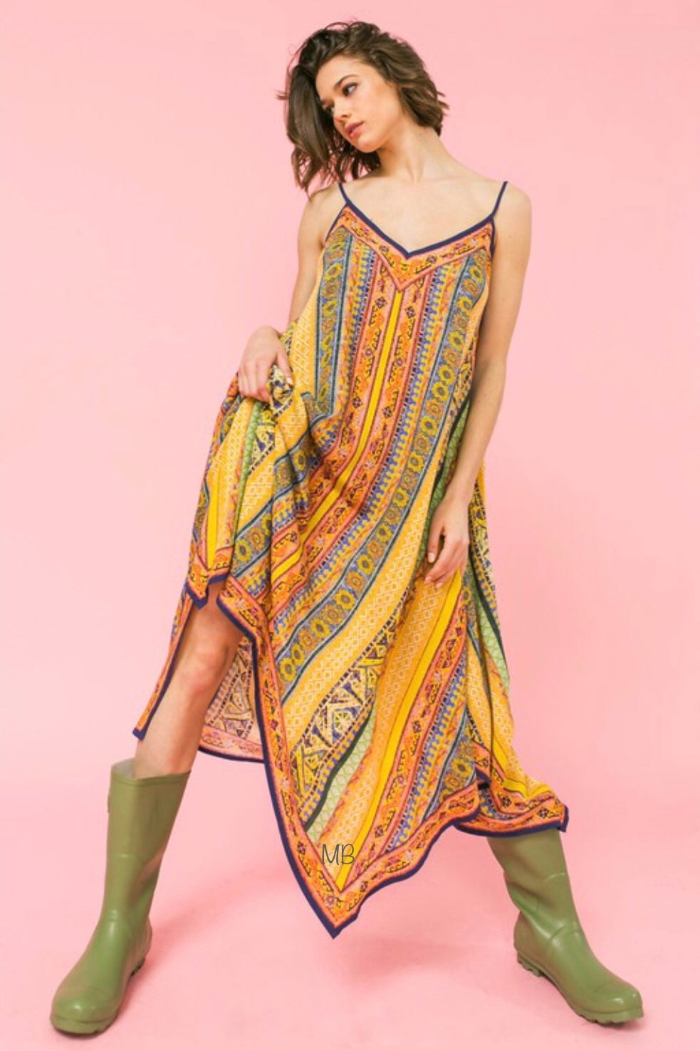 Boardwalk Mixed Print Colorful Hanky Hem Midi
