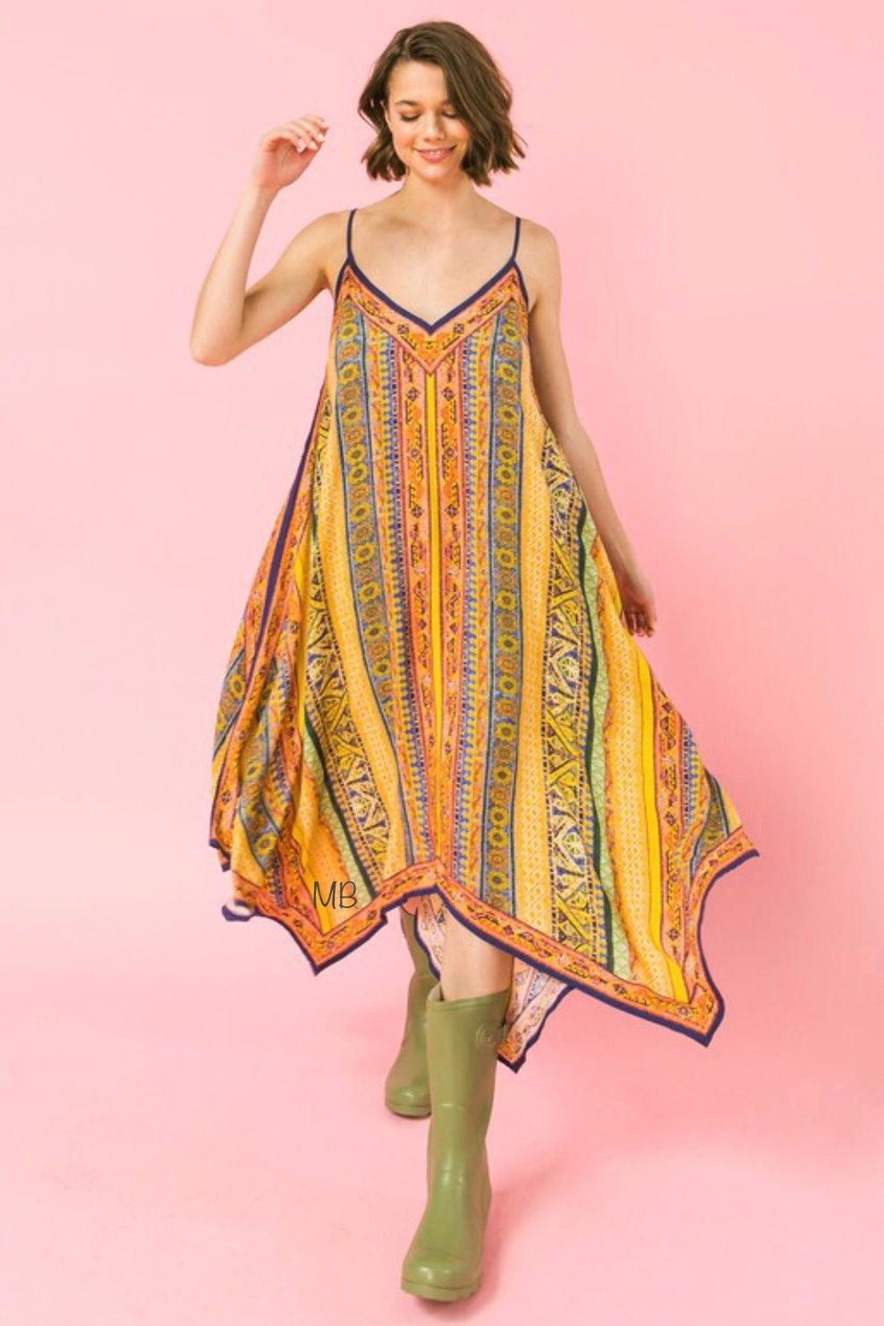 Boardwalk Mixed Print Colorful Hanky Hem Midi