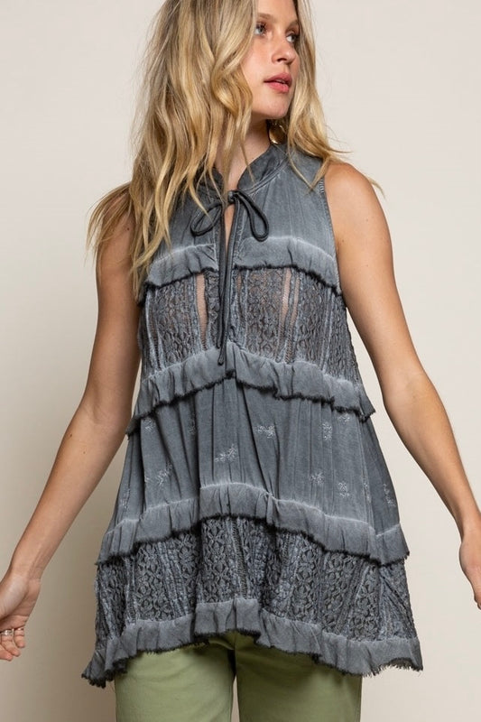 True To Size Relaxed Fit Self Tie Collared Neck Split V Neckline Sleeveless Floral Lace Panels Ruffle Detail Shimmering Floral Embroidery on the 3rd Tier Charcoal Color is Hand Dip Dyed