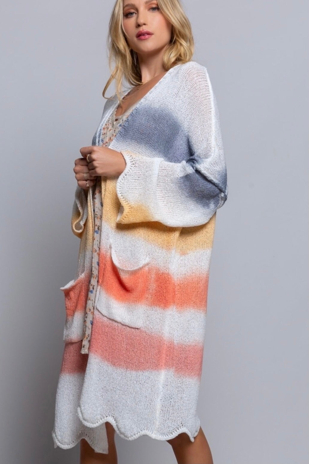 Chasing Sunsets Striped Transitional Knit Scalloped Cardigan