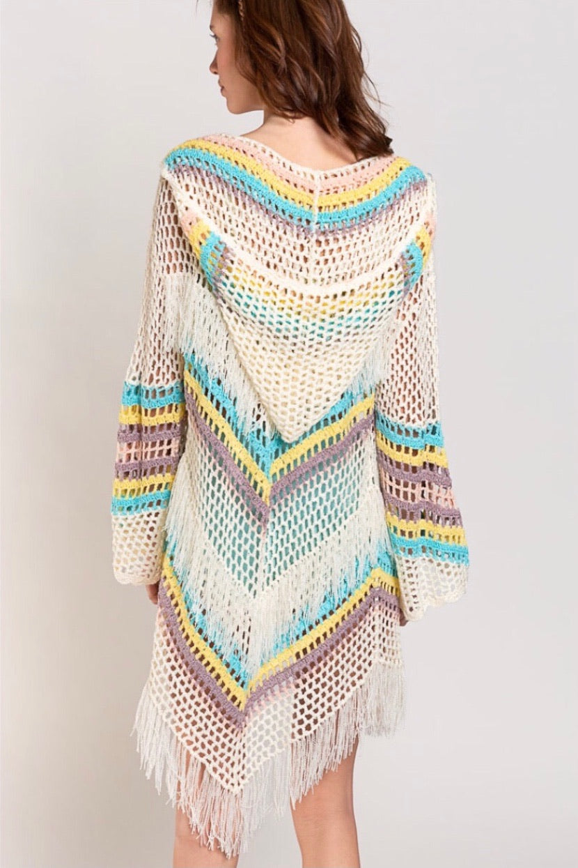 Sunset Getaway Open Knit Hooded Cardigan with Fringe