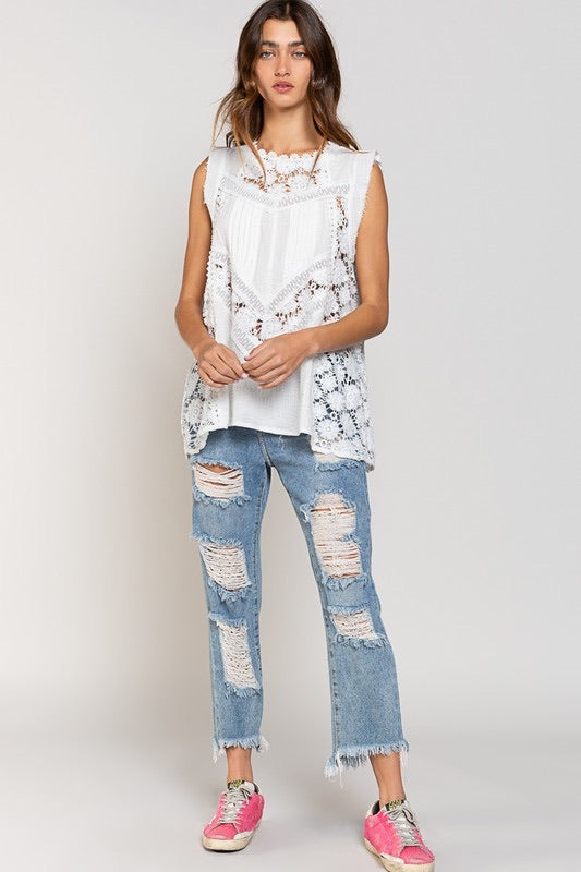 Bal Harbor Floral Lace + Cotton Gauze Sleeveless Tunic Top