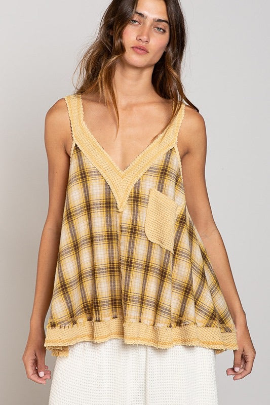 Laid Back Plaid V Neck Sleeveless A Line Top (2 Colors)