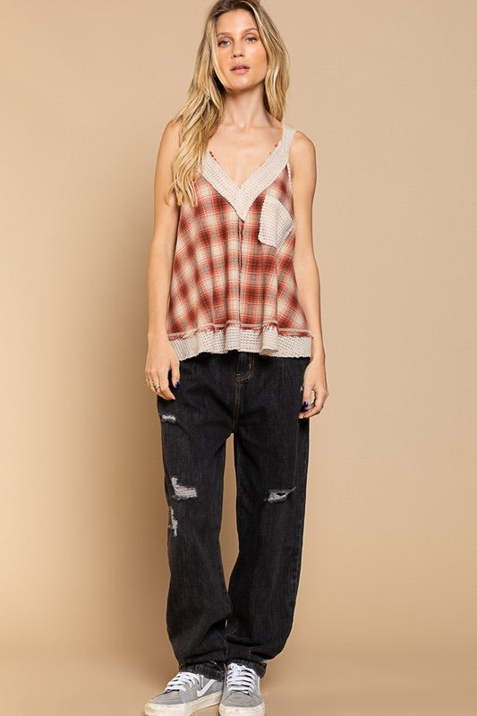 Laid Back Plaid V Neck Sleeveless A Line Top (2 Colors)